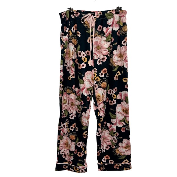 Room Service Floral Pajama Set L Black Pink Button Down Long Sleeve Loungewear - Picture 8 of 11